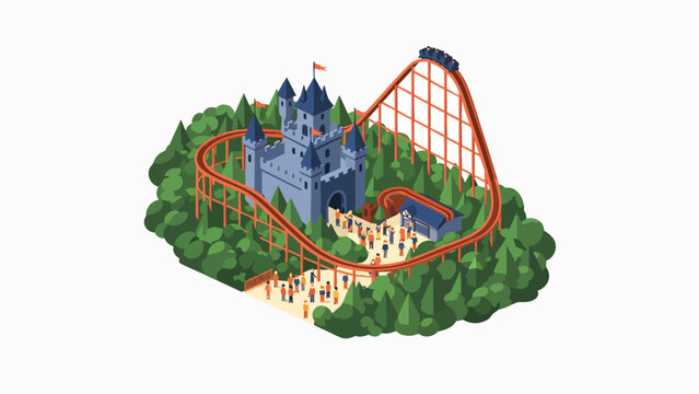Vibrant isometric amusement park illustration with a red roller coaster looping around a medieval castle, concept for family leisure, ideal for theme park advertising, tourism brochures and
