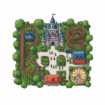 Colorful theme park map with fairytale castle, roller coaster, carousel and visitor pathways, concept for amusement park layout and game level design, ideal for gaming, travel promotion and graphic