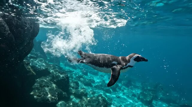 Penguin swimming underwater in clear blue ocean sea water with air bubbles near dark reef rocks