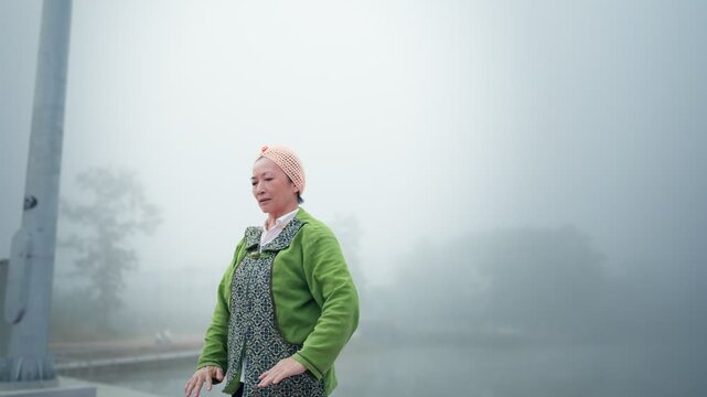 Senior Asian woman practicing tai chi in foggy outdoor nature during morning routine, active senior lifestyle and wellness concept