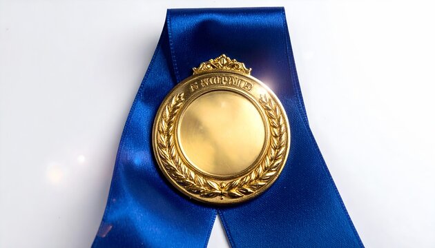 Gold Medal with Blue Ribbon White Background