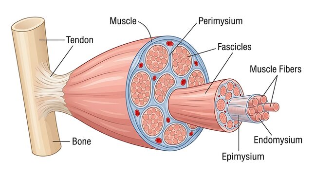 Cross section anatomy diagram of human muscle tissue fibers and tendons