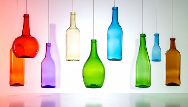 Colorful Glass Bottles Floating Bright Minimalist Scene