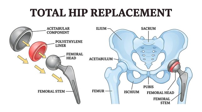 Total hip replacement surgical anatomy illustration with replacement, orthopedic