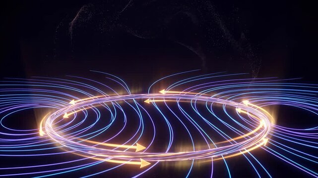 abstract circular motion with glowing lines and arrows in dark background