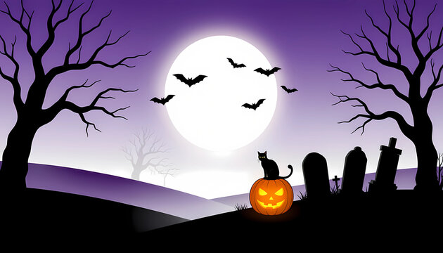 Happy halloween cat sitting with jack o lantern under moonlit sky