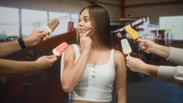 Woman touching chin while surrounded by hands offering colorful popsicles and ice cream inside a hangar; curiosity reflection.