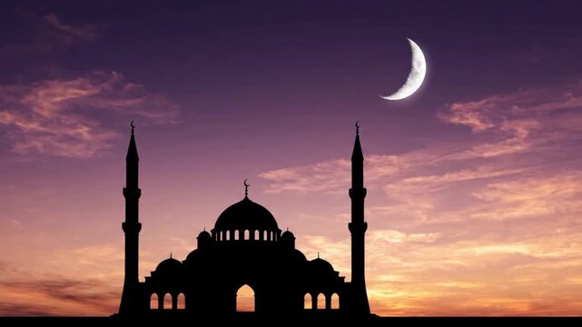 Elegant Mosque Silhouette with Solid Door and Crescent Moon at Sunset, Seamless Loop Islamic Mawlid Background, Minimal Clean Cinematic Scene
