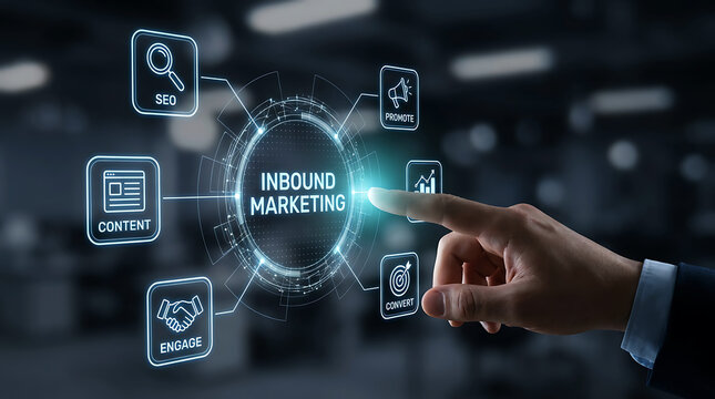 Businessman interacting with a digital holographic interface for inbound marketing strategy