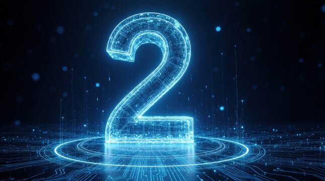Glowing digit two built from digital circuit lines on dark blue background. Cyber number icon with tech light effect. Futuristic computer data symbol represents binary code logic. Advanced electronic