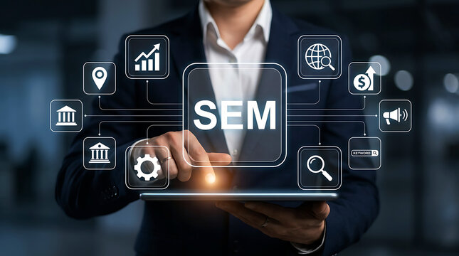 Businessman interacting with digital interface icons for SEM search engine marketing