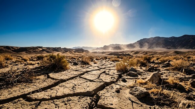Extreme heat global warming concept showing bright sun over severely cracked dry earth in barren desert landscape