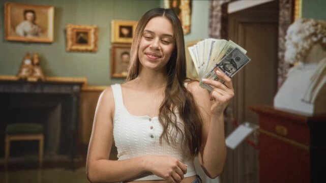 Woman holding a fanned stack of dollars in her right hand inside a building gallery room filled with framed portraits and a marble bust, smiling at camera; confidence success wealth.