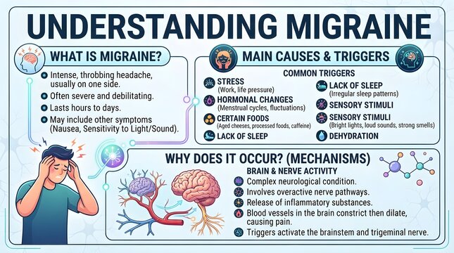 Understanding Migraine: Simple Guide Explaining What Migraine Is, Main Causes, Common Triggers, Symptoms, Brain Changes, Pain Patterns, Prevention Tips, Treatment Options, and Daily Management