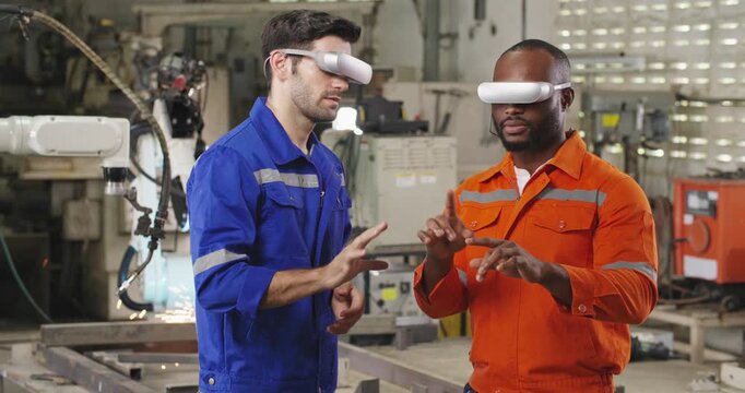 Two professional industrial engineer men using virtual reality headset discussing production by automation robot arms machine. Industry 4.0 factory Engineering Intelligence Innovation Technology.