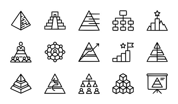 Minimalist business hierarchy and corporate structure line icon set featuring pyramids growth charts management organizational leadership elements on white background