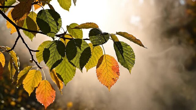 Dew Covered Autumn Leaves Hanging From A Branch In Morning Sunlight