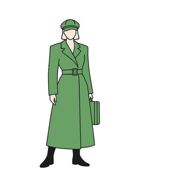 Woman in green coat and cap holding a briefcase