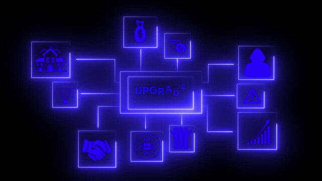 Upgrade dashboard displays a digital interface with glowing blue symbols for software updates and system improvement metrics, highlighting key developmental processes for advanced technical project.