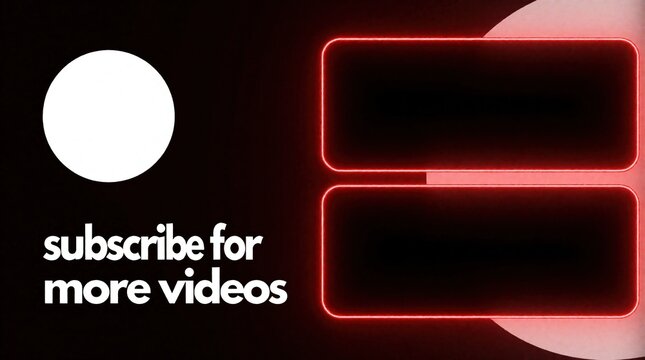 Modern neon red video outro screen template for channel subscription. Digital frame design features glowing borders, button placeholders for social media branding. Minimalist dark background style