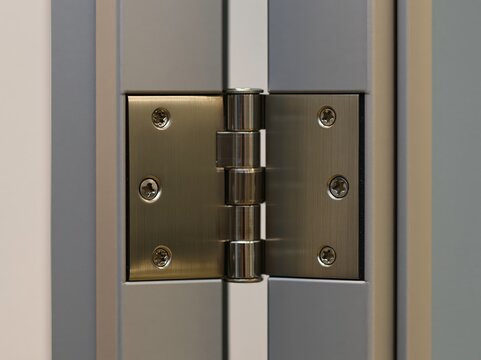 Door hinge with bearing barrel on heavy commercial door edge in modern setting