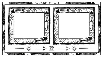 Doodle Fishing Frame with Fish Skeletons and Hooks, Two Blank Squares © Pink