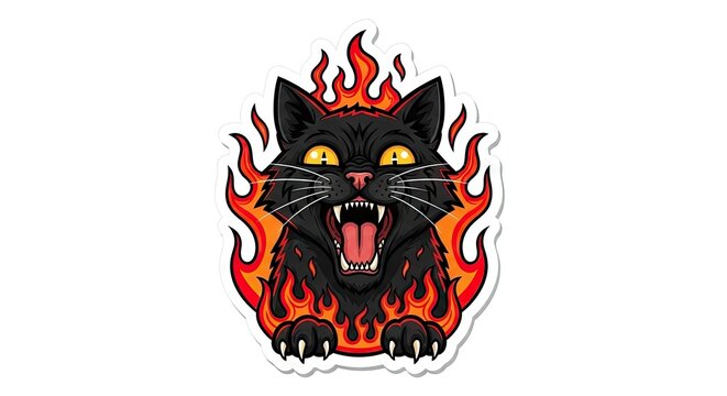 Angry black cat head sticker with flames and fangs.