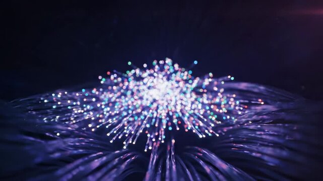 abstract explosion of light particles and fibers, digital energy burst with bokeh effect, tech background for data transfer
