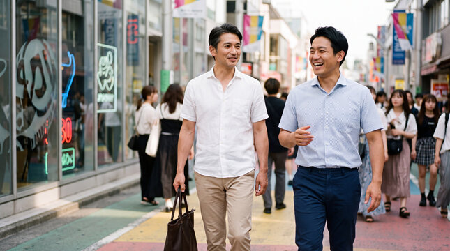にぎやかな繁華街を会話しながら歩く男性二人 ｜ 街の活気
