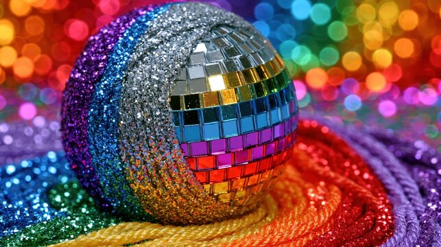 A vibrant disco ball shimmers amidst a spectrum of colorful textures and bokeh lights.