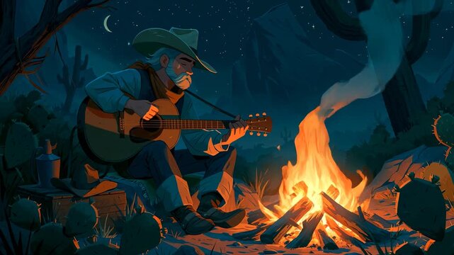 Cowboy playing guitar by campfire at night under crescent moon and starry sky with cactus desert landscape peaceful mood
