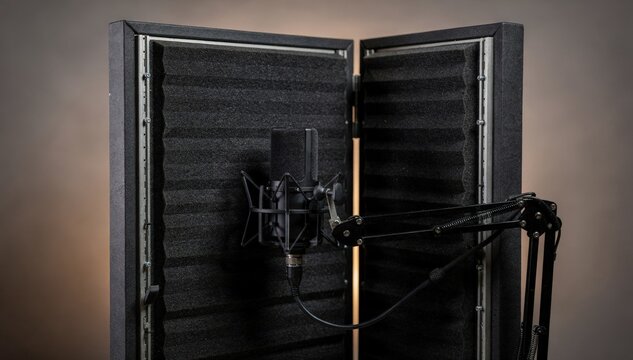 Medium frame showing a voiceover corner pod with adjustable interior sharp details on panels and microphone setup background gently out of focus.
