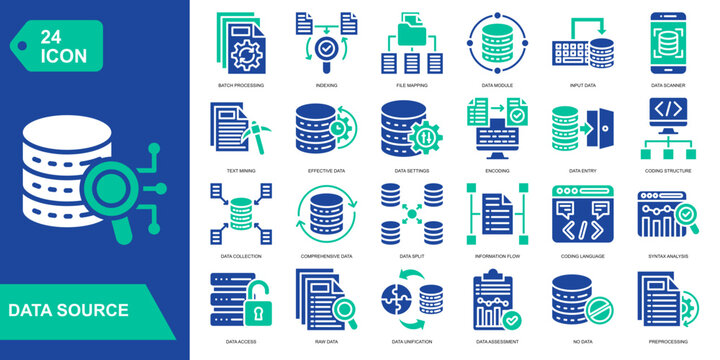 Data Source Solid Icon Set. Featuring database connections, information flow, cloud storage, and data collection. Vector icons for analytics platforms and IT systems.
