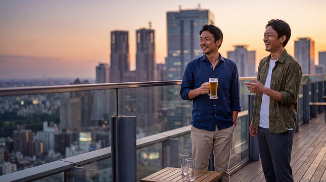 夕暮れの屋上テラスでビールを楽しむ男性二人 ｜ 街明かりの背景