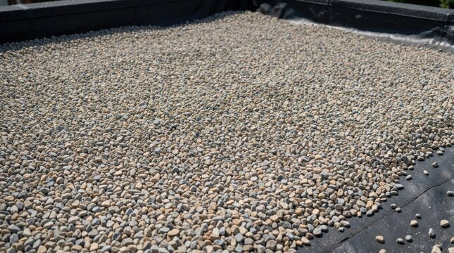 Gravel covers waterproof membrane on flat roof. Ballasted system secures waterproofing layer. Construction detail shows building material texture and surface.