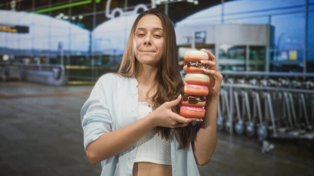 Woman holding a tall stack of donuts with hands, puckers lips in airport terminal near luggage carts; playful indulgence.