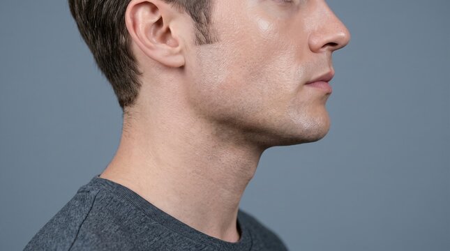 Side view profile of a man showing glossy hydrated cheek skin and smooth jawline