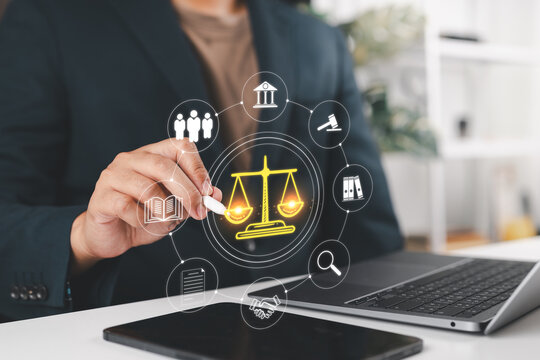 Online law system and justice management, business governance, legal service technology, policy, balance scale and regulatory compliance technology concept.