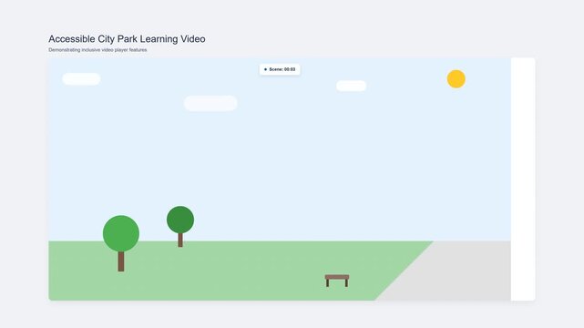 Educational video player interface with minimalist vector animation of a city park showing accessible urban design for digital learning platforms