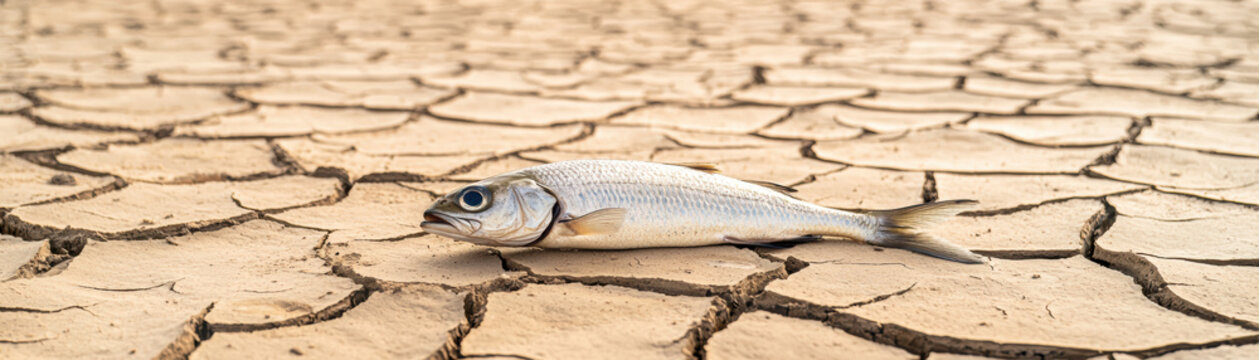 Dead fish lies on dry, cracked earth, bleak symbol of drought and devastating effects of climate change
