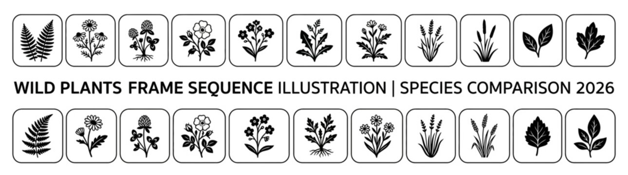 Various Wild Plants Frame Sequence Illustration and Species Comparison Set for 2026 Botanic Design