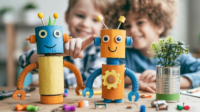 Two colorful handmade robot toys crafted from recycled materials table with children play and smile, creative fun craft activity