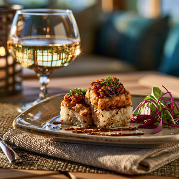 Elegant gourmet sushi appetizer served on a textured ceramic plate with wine