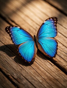 Bright blue Morpho butterfly rests on textured brown wooden surface. Macro view shows detailed wing pattern with iridescent scales. Insect sits outdoors in soft sunlight. Beautiful wildlife contrast