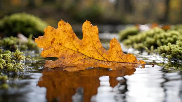 A single yellow oak leaf floating on the surface of a shallow stream, reflected in the water, surrounded by green mossy banks in an autumnal forest setting