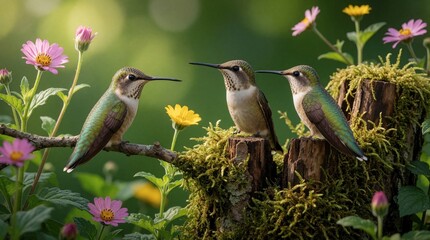 Fototapeta premium Three small hummingbirds perch on mossy tree branch. Colorful birds sit among pink, yellow flowers in garden. Nature scene shows wildlife in summer garden with rich green leaves, bright blossoms.