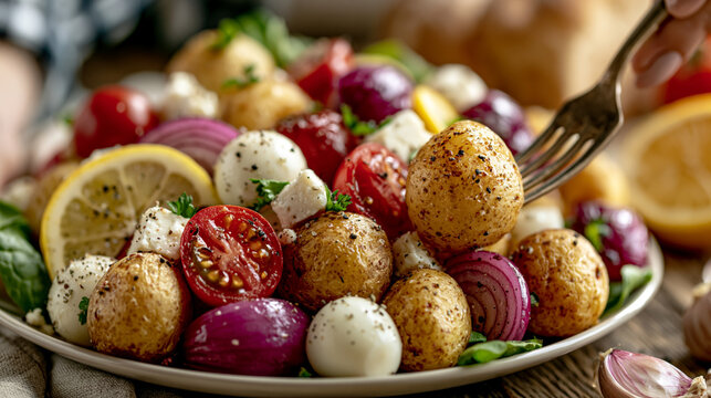 Fresh potato salad with mozzarella and cherry tomatoes in a bowl, mozzarella