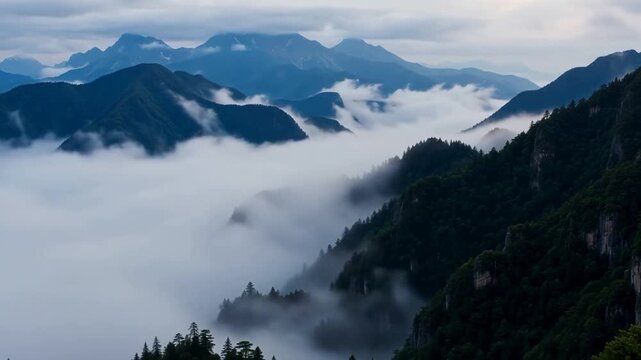 Time-lapse of mist rolling through forested mountain valleys with distant peaks under cloudy sky