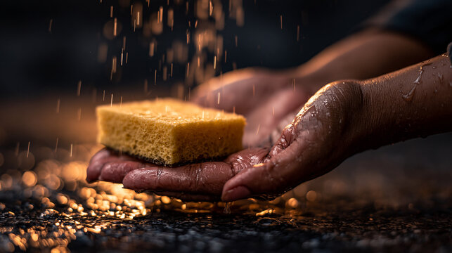 Hand cleaning with a yellow sponge under flowing water cleaning sanitation