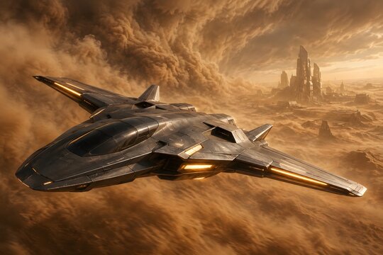 Futuristic Stealth Spacecraft Flying Above Desert Storm with Distant Sci Fi Megacity, Advanced Alien Aerospace Vehicle in Cinematic Science Fiction Landscape